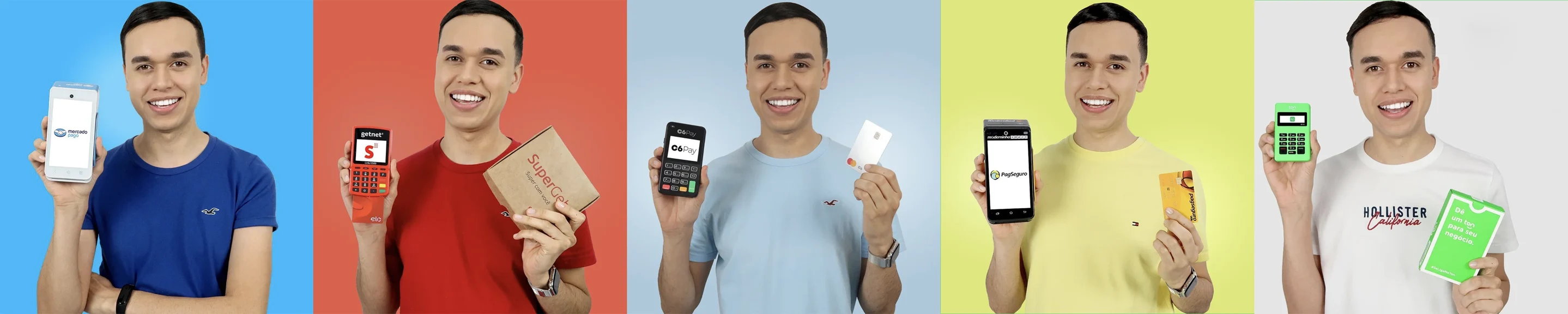 David segurando diferentes maquininhas de cartão avaliadas para o site